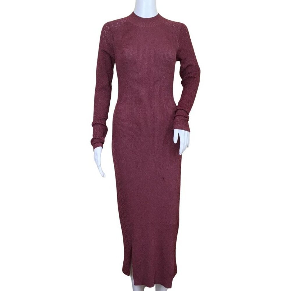 Pre-Owned Ramy Brook Women's Midi Dress Turtle Neck & Long Sleeve Cherry Red